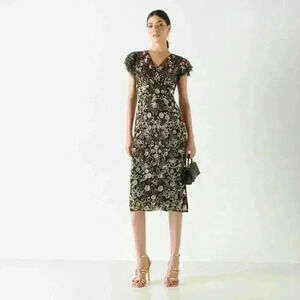 Mac Duggal Black Multi Floral Embroidered Flutter Cap Sleeve Midi Dress Size 4
